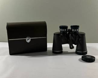 (2pc) Taylor Binoculars & Carrying Case | Vintage Taylor binoculars with lens caps and carrying case. - h. 7.5 x w. 8 in