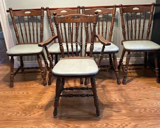 (5pc) Kitchen Chairs & Armchair | Set of five kitchen chairs, including four side chairs and one armchair all with leather-like upholstery. -  h. 35.5 x w. 25 x d. 21 in (armchair)
