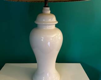 White Porcelain Table Lamp | White ceramic porcelain base lamp with pleated lampshade. - h. 31 in

