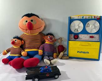 (6pc) Sesame Street & Playskool Toys | Vintage (1980's) collectible Sesame Street and Playskool toys including Ernie plush toys, Playskool Play & Learn Computer and more.