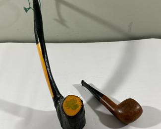 (2pc) Tobacco Pipe & Pipe Decor | Pair of vintage tobacco pipes; One is an actual pipe and one is a faux pipe/decorative (Irish) - h. 13 x w. 2 in
