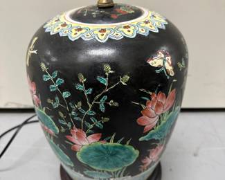 Black Ceramic Table Lamp | Black lacquered ceramic base table lamp with floral details 
