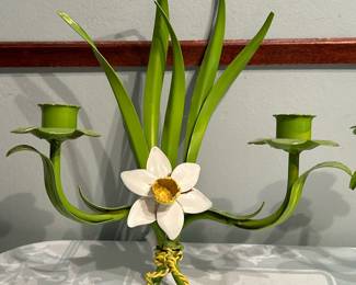 (2pc) Daffodil-Shaped Candlestick Holders | Pair of hand-painted tole/metal daffodil-shaped candlestick holders. - h. 13 x w. 10 x d. 4 in
