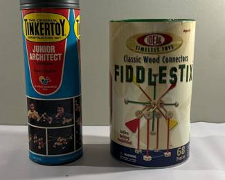 (2pc) Tinker Toy & Fiddlestix Toy | Vintage (1970's) toys including The Original Tinker Toy Construction Set "Junior Architect" set and Fiddlestix Wood Connectors game.