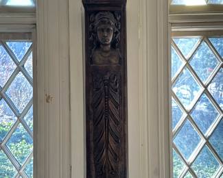 Carved Corbel | Carved wooden corbel/wall bracket featuring a woman's face and intricate carvings. - h. 25 x w. 6 x d. 5 in