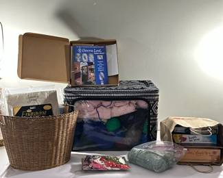 Crafts Supplies & Yarn | Assorted crafts including zippered bin of yarn and basket.