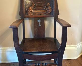 Carved Monk Armchair - 2 of 2 | Antique carved oak armchair featuring back panel artwork of two men at a table. - h. 38 x w. 24 x d. 21.5 in
