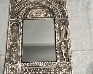 Relief Art Framed Wall Mirror | Vintage tole/metal relief art framed mirror with designs of historical figures. -  h. 16.5 x w. 11 in

