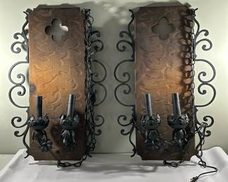 (2pc) Medieval Wall Sconces | Pair of vintage Medieval Revival style metal and wood sconces. -  h. 31.5 x w. 19.5 in
