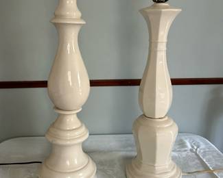 (2pc) Porcelain Pillar Table Lamps | Pair of vintage porcelain pillar table lamps in varying styles. - h. 31.5 in
