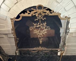 Louis XVI Style Fireplace Screen | Antique Louis XVI style brass or bronze fireplace screen featuring delicate bird motifs. - h. 31 x w. 29 in