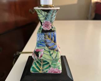 Colorful Chinoiserie Table Lamp | Table lamp featuring a chinoiserie ceramic base of hand-painted leaves and foliage. - h. 19.5 x w. 4.5 in (base width)