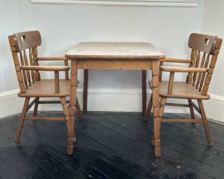 (3pc) Children’s Table & Chairs | Vintage Colonial Revival style farmhouse kitchen table and chairs for children - h. 21.5 x w. 19.5 x l. 26 in