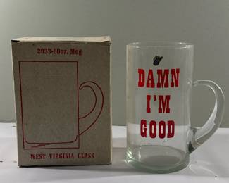 Novelty Glass Mug | Vintage novelty glass mug with funny saying "Damn I'm Good". - h. 9 x w. 7 in