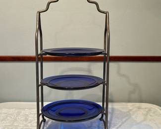 Godinger Silverplate 3-Tier Stand | Vintage Godinger silverplate three-tiered desert/plate stand with blue plates. -  h. 19.75 x w. 9 x d. 8 in
