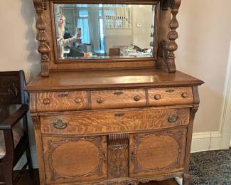 Buffet Sideboard Server | Late 19th-century mirrored (likely oak) buffet sideboard server featuring intricately carved motifs. - h. 64.5 x w. 47.5 x d. 23 in

