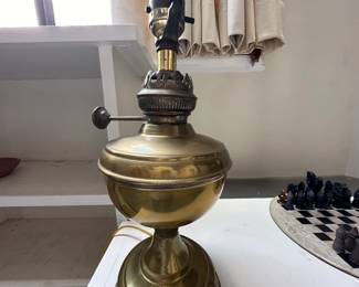Brass Kerosene Oil Table Lamp | Vintage brass base kerosene oil lamp, turned Electric. - h. 5.5 x l. 21 in