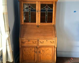 Hutch/Cabinet/Desk with Stained Glass | Hand-crafted (by a family member of the estate) hutch/cabinet/desk with stained glass cabinet doors - h. 63 x w. 34 x d. 20 in