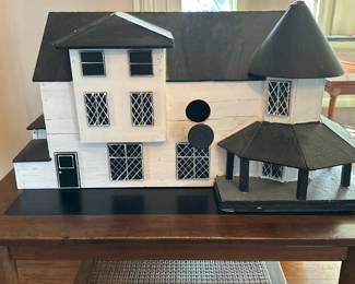 Hand-Crafted Birdhouse | Hand-crafted and hand-painted wooden birdhouse resembling a manor with entry for birds. - h. 13.5 x w. 25 x d. 16 in