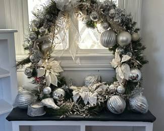 (2pc) Holiday Wreath & Poinsettia | Large holiday wreath and faux poinsettia in pot; Wreath includes additional ornaments and ribbon for upkeep. - h. 35 in