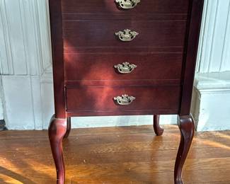 Four-Drawer Jewelry Table | Vintage Queen Anne style cherry colored jewelry table with four drawers and lift-top storage. - h. 21.5 x w. 13.5 x d. 13.5 in