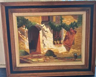 Painting - Impressionist "Provincial" | Framed reproduction of "Provincial - Farmhouse Entrance Oil Painting" by Helen Halper, 1969. Signed by artist: "Margaret McGivern, 1973". Dimensions: 15.5" W (inside of painting) -  h. 17 x w. 21.25 in (frame)