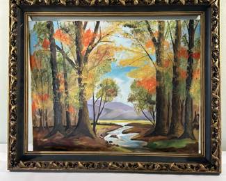 Painting - Landscape "Fall Foliage" | Framed landscape painting featuring trees in the woods lush with fall foliage. Not signed by artist - h. 16 x w. 20 in (artwork only)
