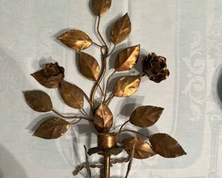 Italian Leaf-Shaped Candlestick Holder | Vintage (1960's) Italian ("Made in Italy") wall mounted candlestick holder with painted gold leaf design - h. 14 x w. 9 x d. 4 in
