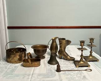 (9pc) Brass & Metal Decor | Assortment of brass and metal decor including candlestick holders, buckets, etc. 