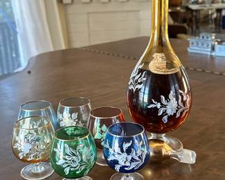 (7pc) Bischoff 18K Gold Glassware | Vintage Venetian ("Made in Italy") Bischoff hand-painted 18K gold glassware including brandy pitcher and six colorful glasses. - h. 15 in (decanter with stopper)