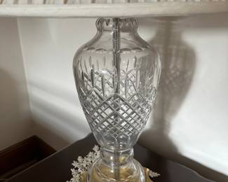 (2pc) Crystal Base Table Lamps | Pair of crystal base table lamps with pleated shades.
