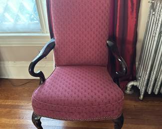 Gooseneck Style Armchair | 
Vintage mahogany gooseneck style armchair with red upholstery. - h. 42 x w. 52 x d. 25.5 in