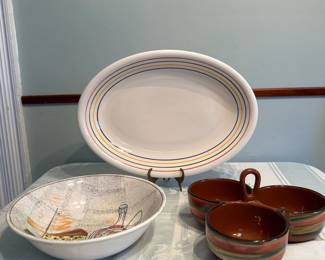 (3pc) Crate & Barrel Dish & Other Platters | Crate & Barrel three-compartment serving dish with handle, an unbranded oval ceramic serving dish with rainbow stripes, and unbranded wine/cheese themed bowl.  Platter: 16"W