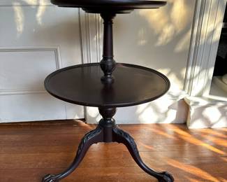 Mahogany Two-Tier Table | Vintage Imperial Grand Rapids two-tier table on carved tripod base, marked "Genuine Mahogany" on the underside. - h. 30 x dia. 21 in
