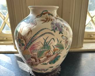 Chinoiserie Vase | Vintage hand-painted enameled chinoiserie vase featuring pheasant birds; includes wooden stand. - h. 13 x w. 9 in