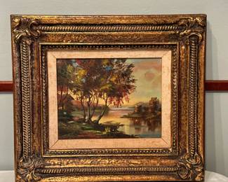 Painting - Landscape "Japanese Garden" | Framed painting of a landscape featuring striking oil paint colors in the foliage and skyline. Signed by artist. Frame made in Japan - h. 15 x w. 16.75 in