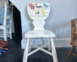 Children's High Chair | Vintage hand-painted wooden high chair for children featuring zoo animal motifs. - h. 33 x w. 14.5 x d. 16 in