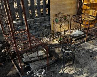 Lots of wire and iron plant stands, pot holders(bicycles)