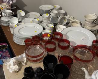 Various sets of tone on tone white china