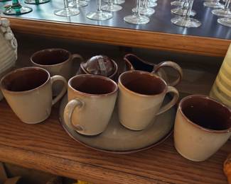 Wonderful Sango Stoneware Mugs, serving plate, cream and sugar set