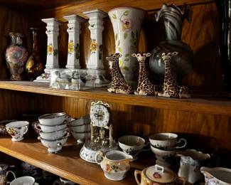 Love our giraffes, Fenton swirl slag glass, pillars, ceramic clock, cream and sugar sets. tea cup collection