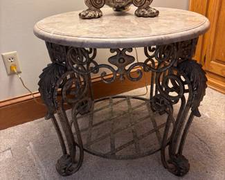 Iron End Table with Faux Marble Top. Excellent condition.