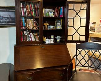 Beautiful Chippendale Style drop front desk/curio/book case.  Mahogany