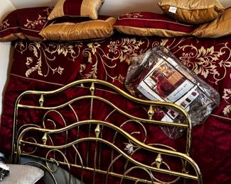 Queen Size 8 pc set. Comforter, Dust Ruffel and 6 pillows.  Queen Size brass bed