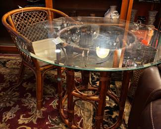 Rattan Beveled Glass Top Table.  Rattan Side Chair