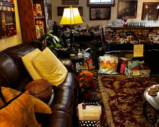 Family room is full with  quality decor, pillows, baskets, room size rugs, Lamps, Tables, Framed Art, Seasonal decor, Stemware, Bar Stools, Parson Chairs etc.