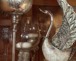 Beautiful Silver and sequined Candle Holders.  Love the Silver and mother of pearl like Swan