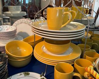 Stoneware Plates, bowls and mugs Yellow checkered, solid and banded.  Norfolk wine Plates