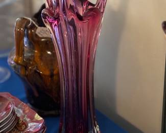 Art Glass Vase - Cranberry w clear base