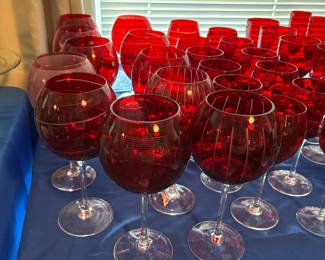 Red stemware - different patterns, sizes from wine to cordials.